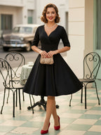 Vintage 1950s Swing Cocktail Dress for Women - V Neck Short Sleeve A-Line Ruched Bust Rockabilly Midi Gown - Wedding Guest 2026