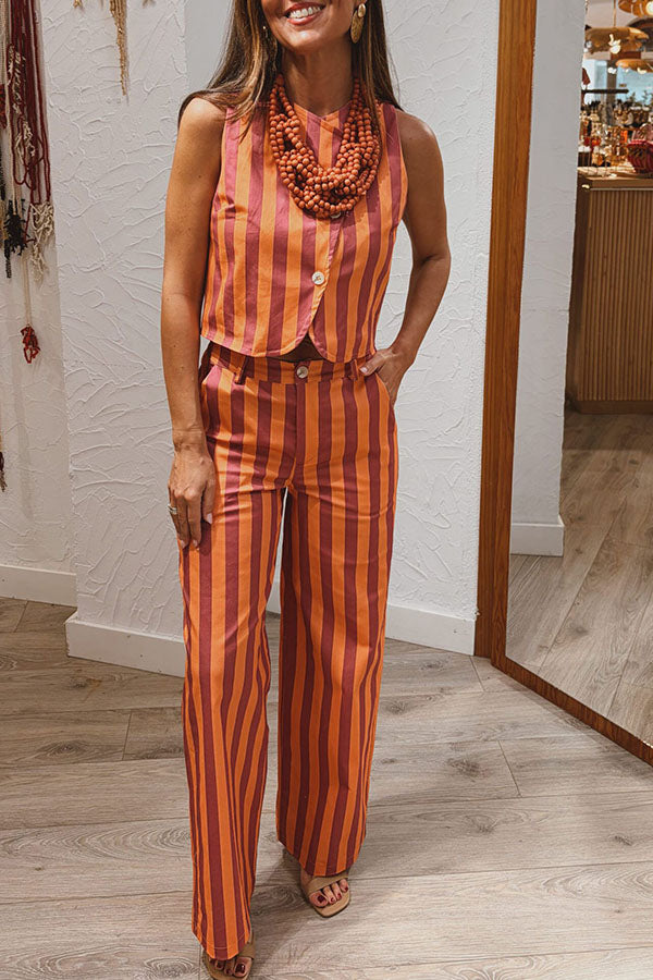 City Outfit Colorful Stripes Button Up Vest and Elastic Waist Pocket Loose Pants Set