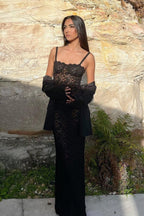 Floral Lace Scalloped Neck Spaghetti Strap Sheer Maxi Dress