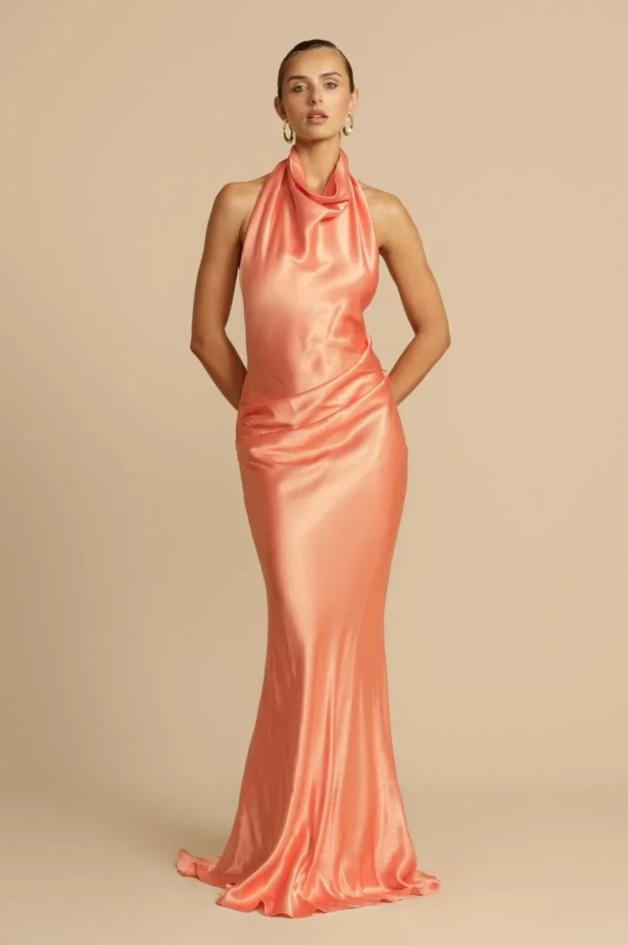 Satin Halter Neck Cowl Draped Bias Cut Trumpet Maxi Gown