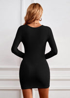 Scoop Neck Button Front Rib Knit Bell Sleeve Bodycon Mini Dress