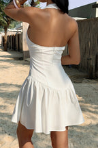 White Halter Neck Square Neck Ruffle Hem Mini Dress
