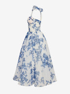 Light Sky Blue Corset Dress Tie Strap Floral A-Line Elegant Party Prom Midi Dresses