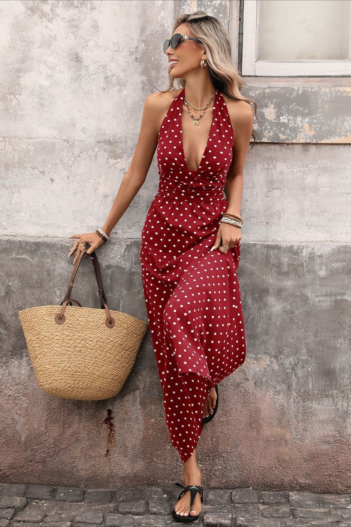 Deep V Halter Neck Polka Dot A Line Maxi Dress