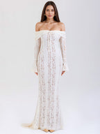 Black Floral Lace Maxi Dress Off Shoulder Bell Long Sleeve Mermaid Bodycon Dress For Women 2026