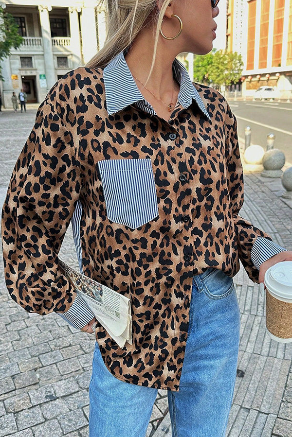 Stylish Striped Leopard Print Patchwork Loose Casual Long-sleeved Shirt