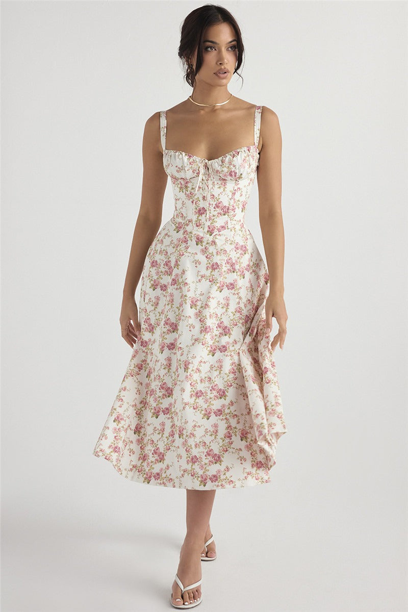 Floral Corset Sweetheart Spaghetti Strap Lace Trim A-Line Midi Dress
