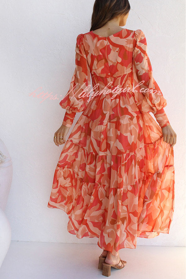 Abstract Floral Print V-Neck Bishop Sleeve Wrap Waist Tiered Maxi Dress