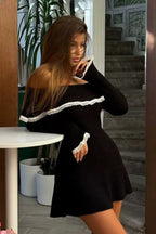 Ribbed Knit Off Shoulder Lace Trim Bell Sleeve Mini Sweater Dress