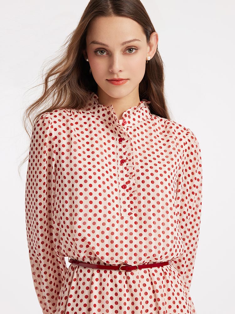 Polka Dot Mock Neck Button Front Ruffle Cuff Fit and Flare Midi Dress