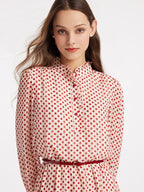 Polka Dot Mock Neck Button Front Ruffle Cuff Fit and Flare Midi Dress