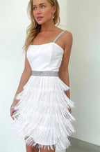 Square Neck Rhinestone Strap Tiered Fringe Mini Cocktail Dress