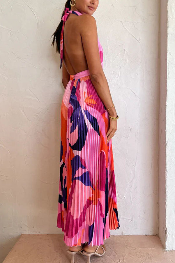 Pleated Halter Neck Cut Out Crisscross Bodice Abstract Floral Print Maxi Dress