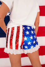 Independence Day Sparkle Shorts: Star & Stripe Sequin Detail with Lace Hem