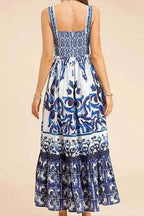 Wide Strap Sweetheart Baroque Print Tiered Ruffle Maxi Dress