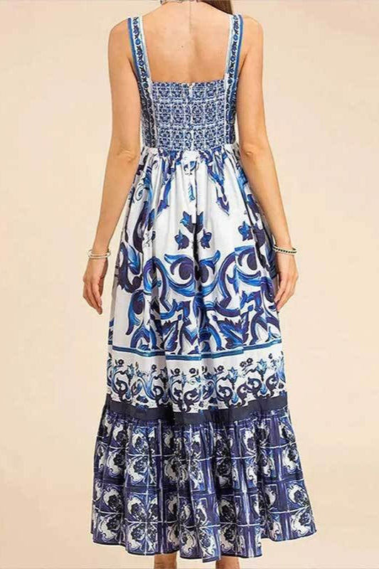 Wide Strap Sweetheart Baroque Print Tiered Ruffle Maxi Dress