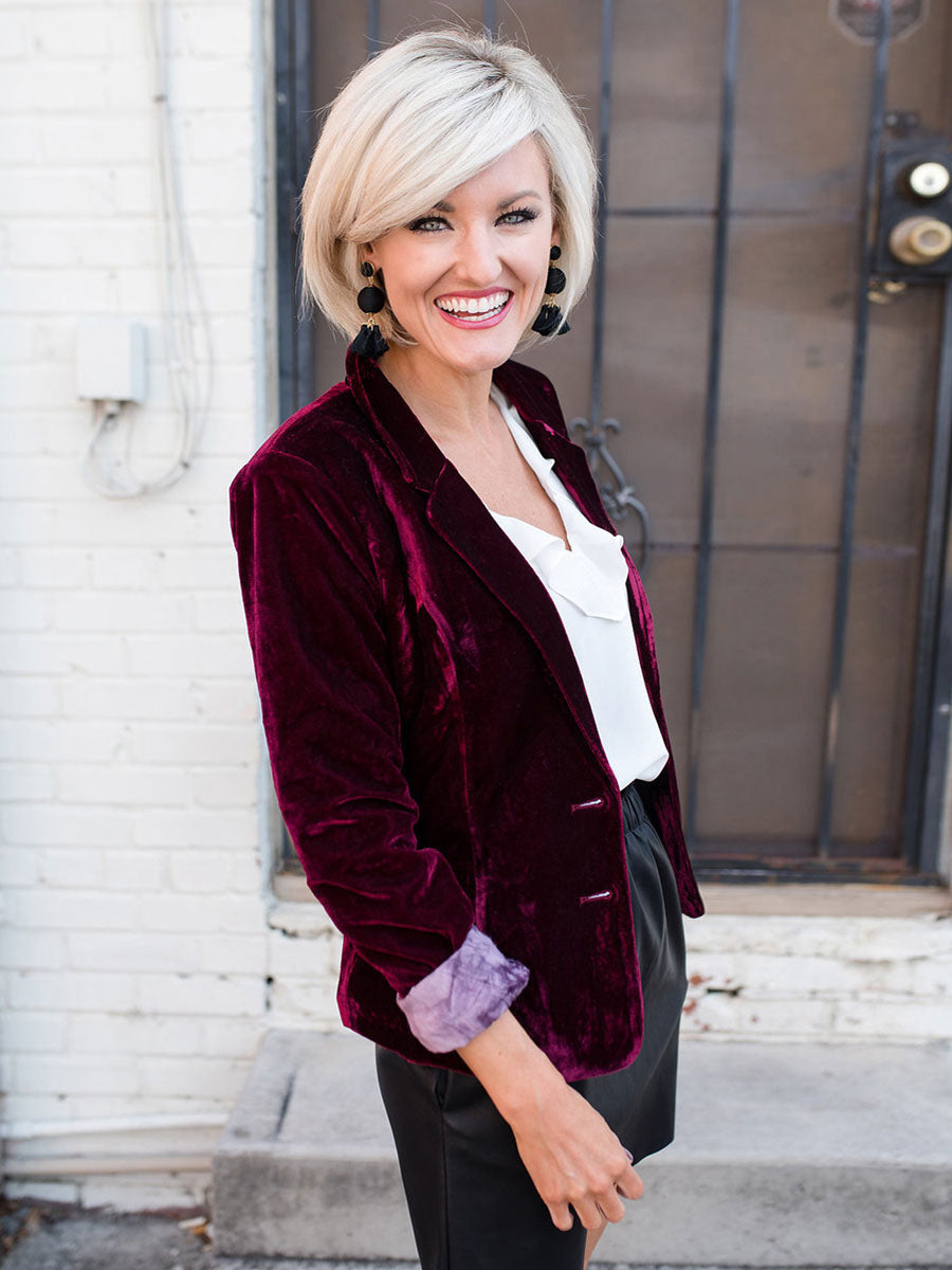Velour Blazer Jacket For Women Green Burgundy Solid Color Casual Slim Fit Spring Fall Street Outerwear