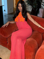 Crochet Knit 3D Floral Applique Halter Neck Mesh Maxi Dress