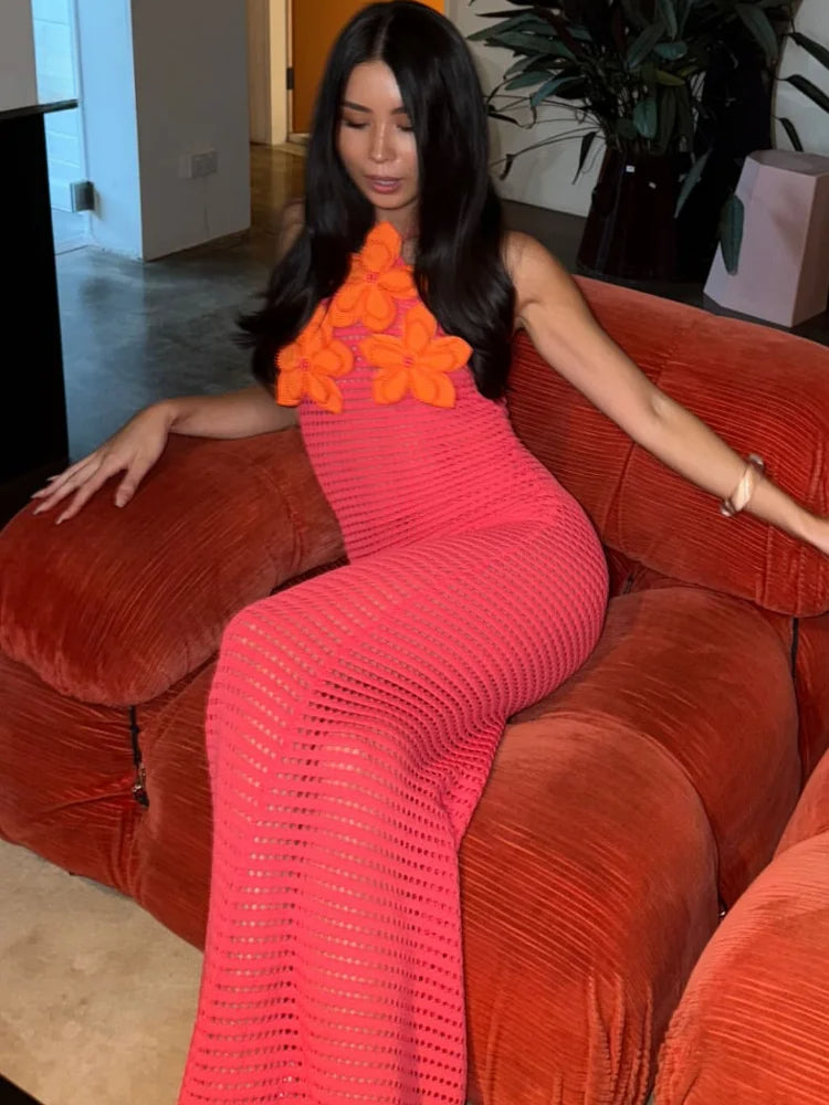 Crochet Knit 3D Floral Applique Halter Neck Mesh Maxi Dress