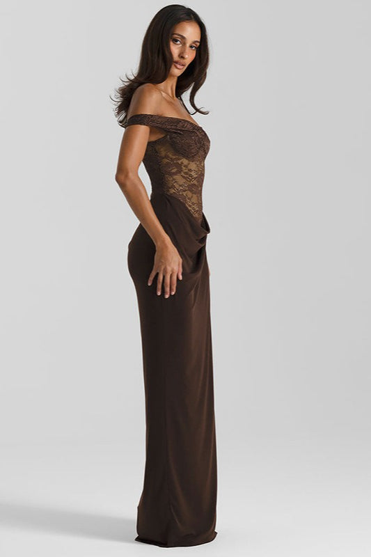 Lace Spaghetti Strap Corset Wrap Drape Panel Maxi Dress
