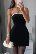 Velvet Square Neck Pearl Strap Pearl Scalloped Trim Mini Dress