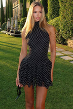 Black Halter Neck Polka Dot Ruffle Tiered Bubble Hem Mini Dress