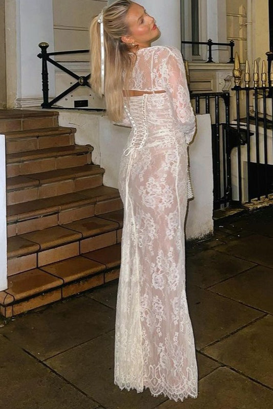 Lace Long Sleeve Ruched Mermaid Maxi Gown
