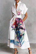 Fashionable Art Print Collared Short Sleeve Casual Pocket Midi Dress