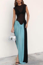Lynelle Round Neck Sleeveless Contrast Hem Sexy Slim Fit Drape Maxi Dress