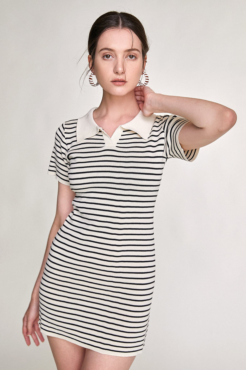 Striped Rib Knit Polo Collar Bodycon Mini Dress
