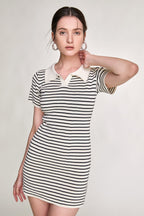 Striped Rib Knit Polo Collar Bodycon Mini Dress