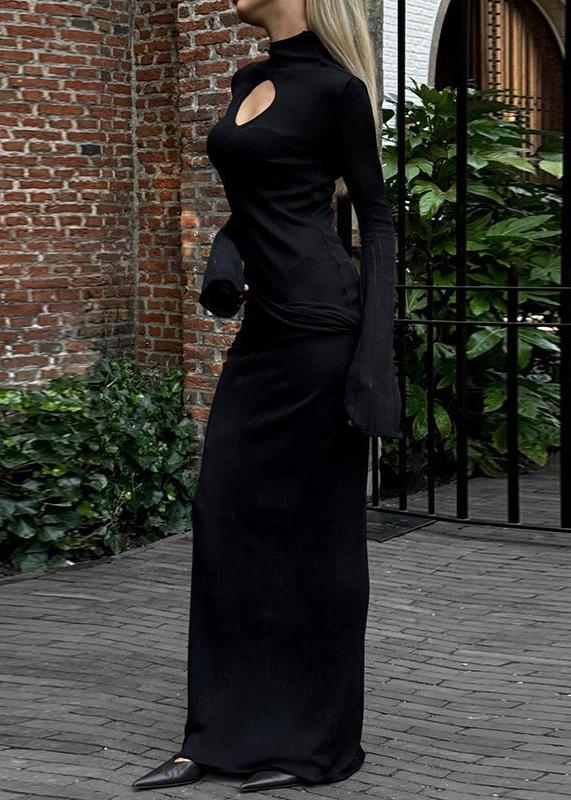 Mock Neck Keyhole Cutout Bell Sleeve Hip Knot Column Maxi Dress