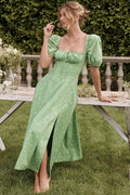 Floral Square Neck Puff Sleeve Ruched Tie Bust High Split Midi Dress