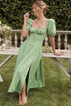 Floral Square Neck Puff Sleeve Ruched Tie Bust High Split Midi Dress