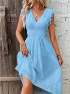 7 Colors Lace Flutter Sleeve V-neck Midi Dress