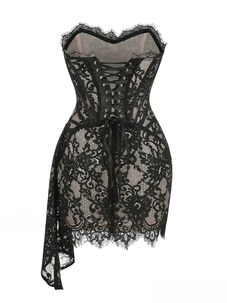 Lace Strapless Corset Eyelash Trim Draped Sash Mini Dress