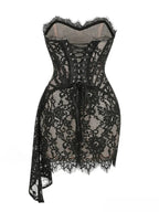 Lace Strapless Corset Eyelash Trim Draped Sash Mini Dress