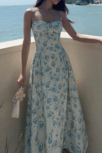 Blue Spaghetti Strap Sweetheart Corset Toile Floral Print A-Line Maxi Dress