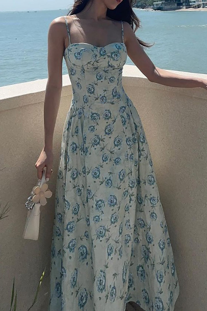 Blue Spaghetti Strap Sweetheart Corset Toile Floral Print A-Line Maxi Dress