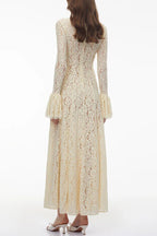 Nasrin Floral Lace Mock Neck Long Bell Sleeve Pleated Hem Maxi Dress