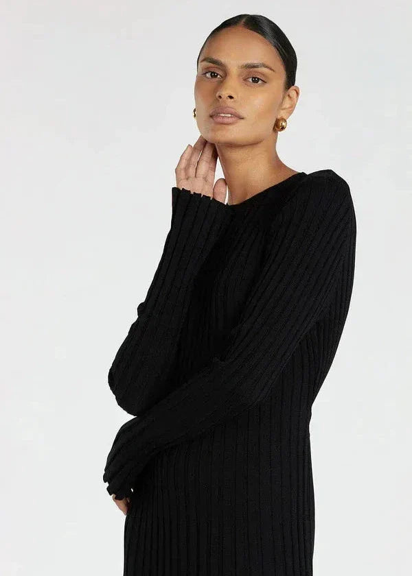 Long Sleeve Crew Neck Ribbed Knit Bodycon Maxi Dress