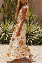 Clover Linen Blend Floral Print Cutout Trim Button Up Side Lace-up Maxi Dress