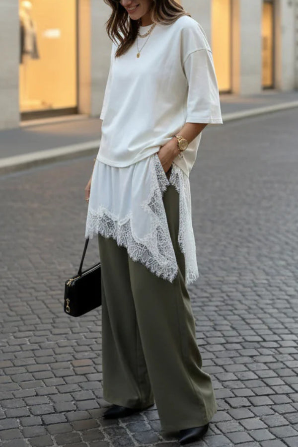 Stylish Round Neck Short-sleeved Patchwork Lace Hem Loose T-shirt