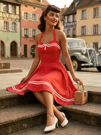 Retro Glamour Dress 1950s Aquatic Plaid Backless Buttons Sleeveless Sweetheart Neck Medium Rockabilly Dress