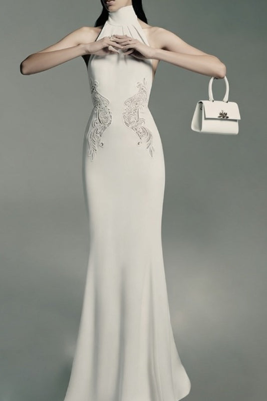 Lace Insert Halter Neck Sleeveless Pleated Column Reception Gown