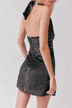 Sequin Deep V-Neck Halter Neck Backless Party Mini Dress