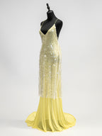 Sequin Sheer Maxi Slip Dress for Women - Butter Yellow Boho Backless V Neck Mermaid Cut Evening Gown - Summer Beach 2026