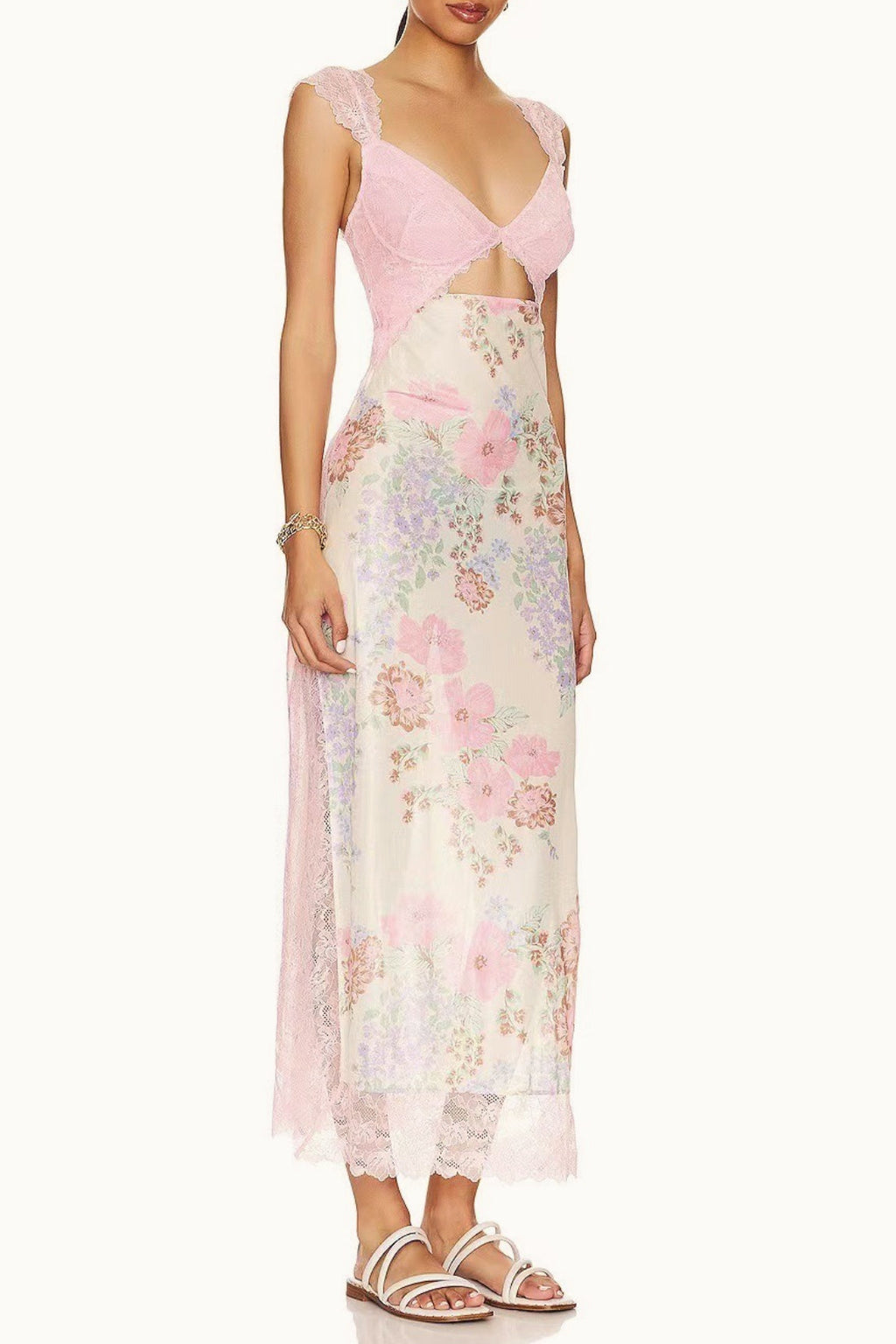 Sweetheart Lace Cap Sleeve Triangle Cutout Floral Print Bodycon Midi Dress