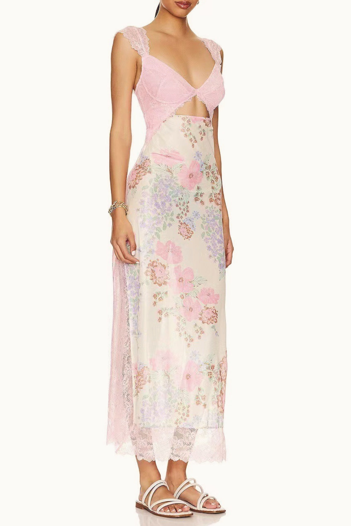 Sweetheart Lace Cap Sleeve Triangle Cutout Floral Print Bodycon Midi Dress
