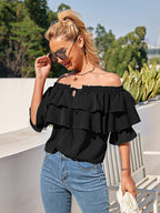 Long Sleeves Tees White Ruffles Bateau Neck Women T Shirt